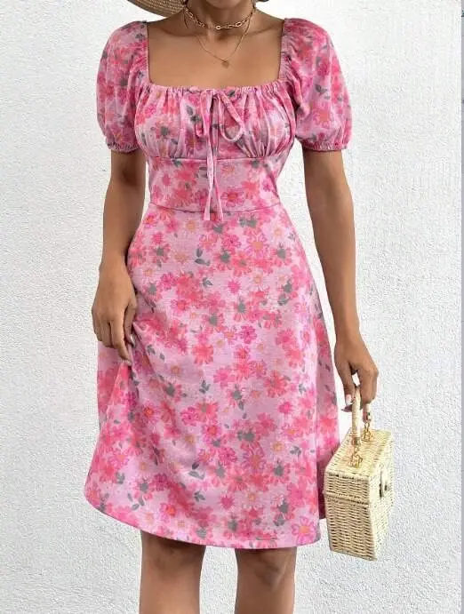 Women's Short Sleeve Mini Floral Print Lace-Up Detail Supima Midi Dress - BÜYÜKBEDENIZ