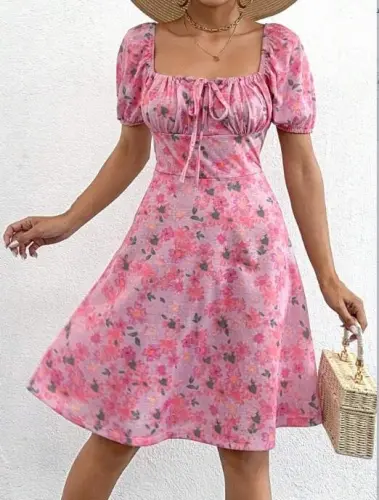 Women's Short Sleeve Mini Floral Print Lace-Up Detail Supima Midi Dress - BÜYÜKBEDENIZ (1)