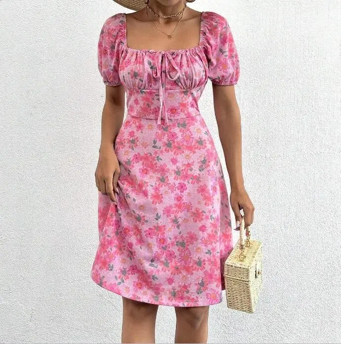 Women's Short Sleeve Mini Floral Print Lace-Up Detail Supima Midi Dress - 3