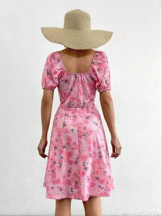 Women's Short Sleeve Mini Floral Print Lace-Up Detail Supima Midi Dress - 4