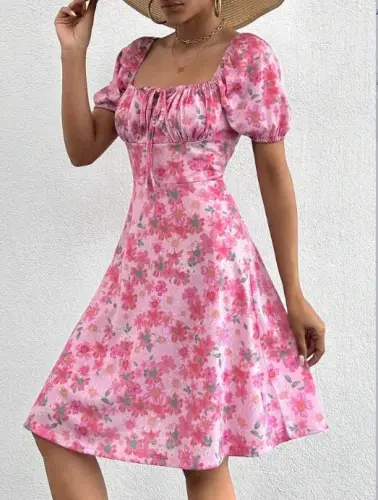 Women's Short Sleeve Mini Floral Print Lace-Up Detail Supima Midi Dress - 5