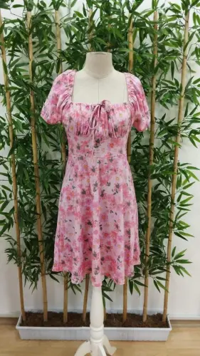 Women's Short Sleeve Mini Floral Print Lace-Up Detail Supima Midi Dress - 6