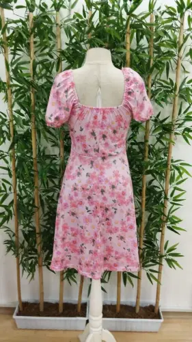 Women's Short Sleeve Mini Floral Print Lace-Up Detail Supima Midi Dress - 7