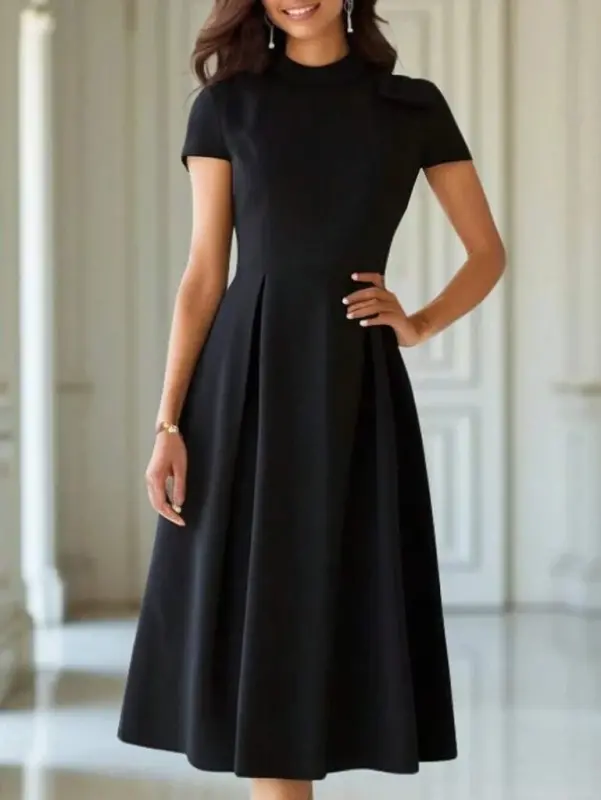 Women's Short Sleeve Mock Neck Pleated Crinkle Crepe Midi Dress - 1