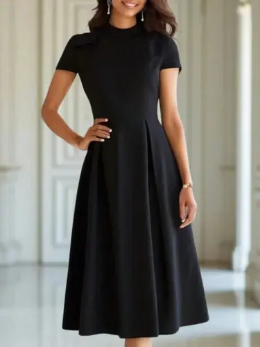 Women's Short Sleeve Mock Neck Pleated Crinkle Crepe Midi Dress - 3