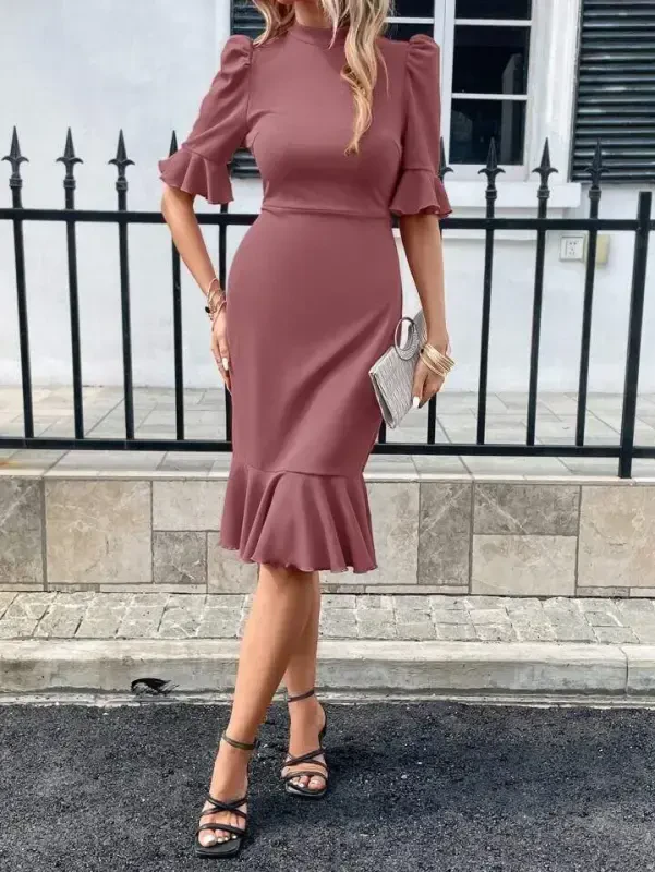 Women's Short Sleeve Mock Neck Ruffled Hem Midi Imported Crepe Dress - 2