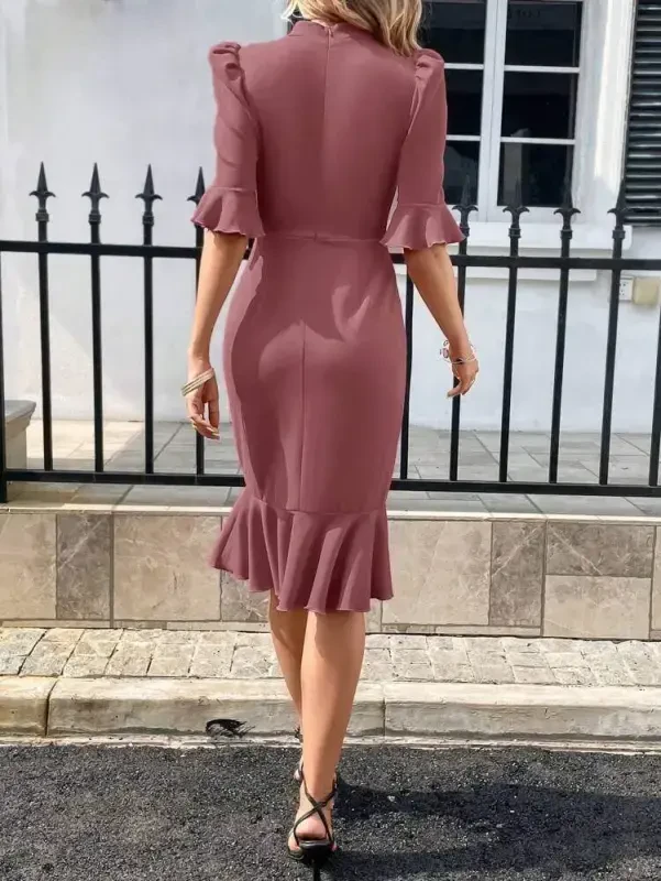 Women's Short Sleeve Mock Neck Ruffled Hem Midi Imported Crepe Dress - 3