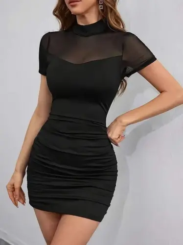 Women's Short Sleeve Mock Neck Tulle Detail Short Shimmer Crepe Dress - 4