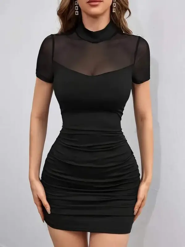 Women's Short Sleeve Mock Neck Tulle Detail Short Shimmer Crepe Dress - 5