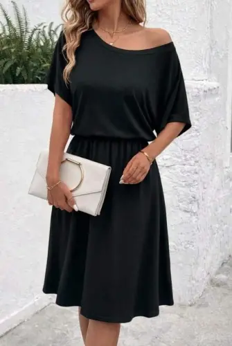 Women's Short Sleeve Off-Shoulder Flared Midi Viscose Dress - BÜYÜKBEDENIZ (1)