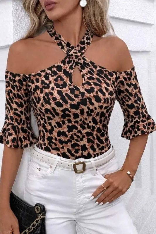 Women's Short Sleeve Off-Shoulder Front Cross Detail Interlock Blouse - 1