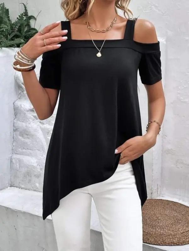 Women's Short Sleeve Off Shoulder Strap Asymmetric Cut Viscose Blouse - 1