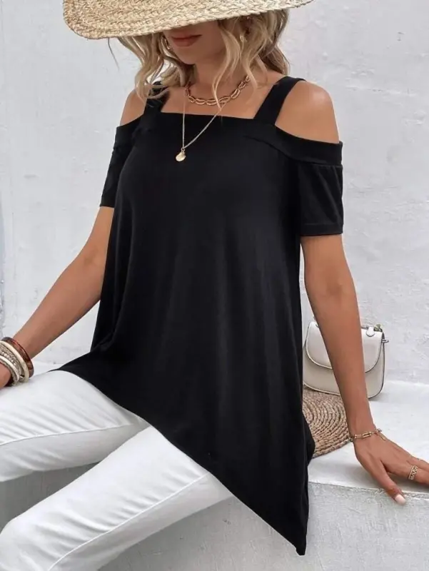 Women's Short Sleeve Off Shoulder Strap Asymmetric Cut Viscose Blouse - 3