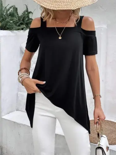 Women's Short Sleeve Off Shoulder Strap Asymmetric Cut Viscose Blouse - 4