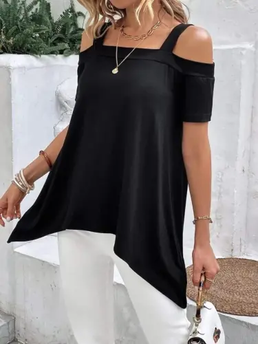 Women's Short Sleeve Off Shoulder Strap Asymmetric Cut Viscose Blouse - 5