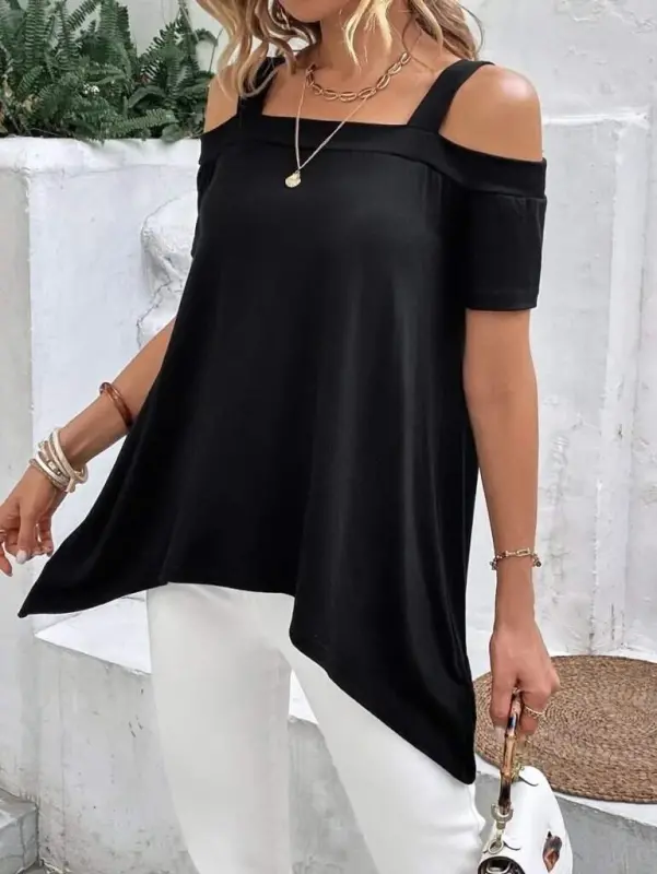 Women's Short Sleeve Off Shoulder Strap Asymmetric Cut Viscose Blouse - 5