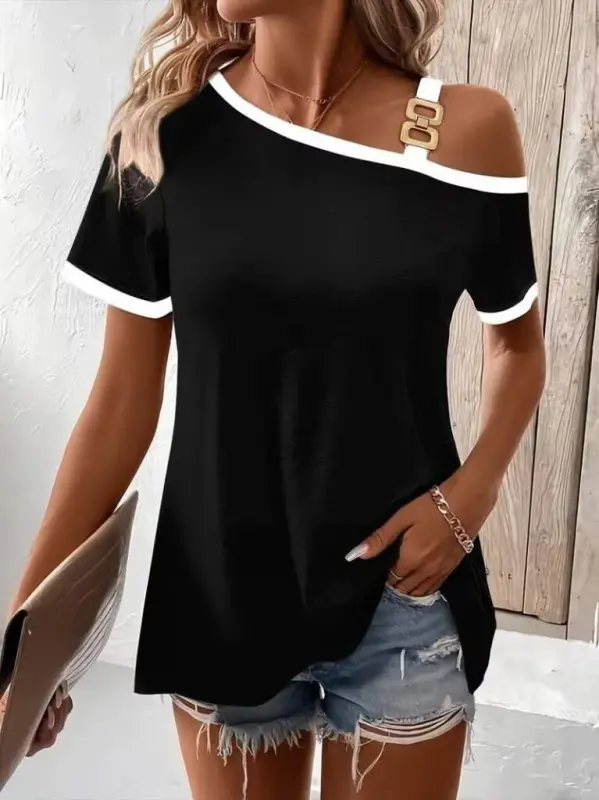 Women's Short Sleeve One Shoulder Buckle Detail Viscose Blouse - 3