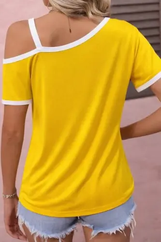 Women's Short Sleeve One Shoulder Buckle Detail Viscose Blouse - 3