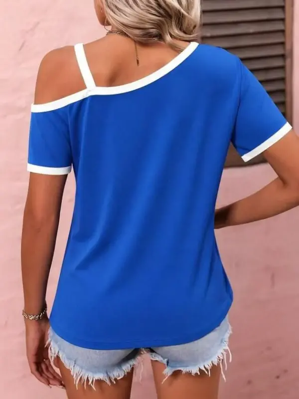 Women's Short Sleeve One Shoulder Buckle Detail Viscose Blouse - 2
