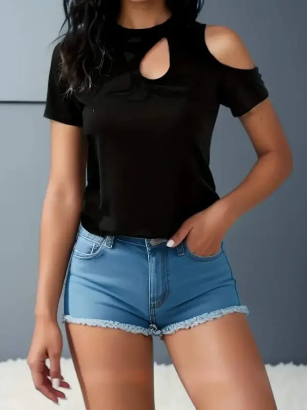 Women's Short Sleeve One Shoulder Cut Out Detail Viscose Blouse - 1