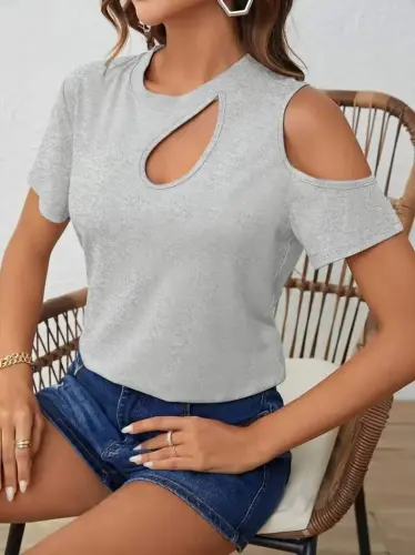 Women's Short Sleeve One Shoulder Cut Out Detail Viscose Blouse - 1