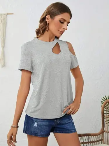 Women's Short Sleeve One Shoulder Cut Out Detail Viscose Blouse - 4