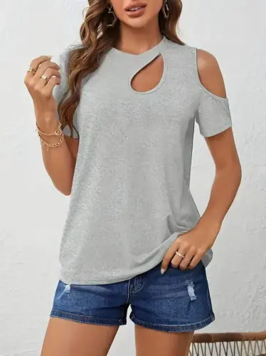 Women's Short Sleeve One Shoulder Cut Out Detail Viscose Blouse - 5