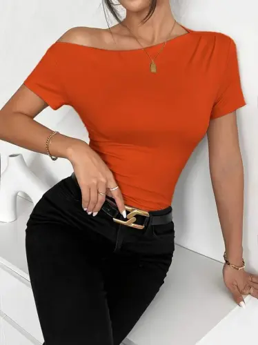 Women's Short Sleeve One Shoulder Ruched Viscose Blouse - 3