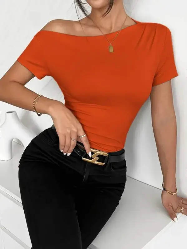 Women's Short Sleeve One Shoulder Ruched Viscose Blouse - 3