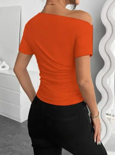 Women's Short Sleeve One Shoulder Ruched Viscose Blouse - 4