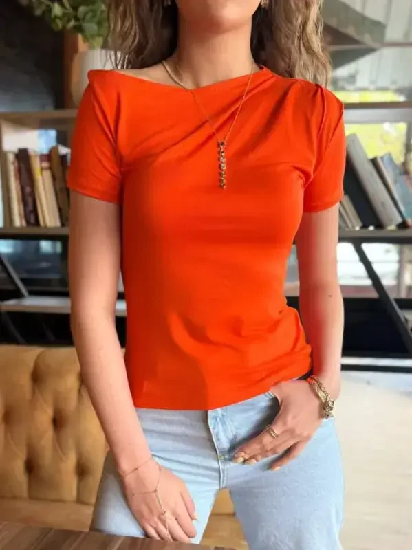 Women's Short Sleeve One Shoulder Ruffle Viscose Blouse - 1