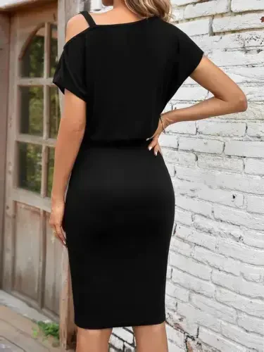 Women's Short Sleeve One Shoulder Strap And Accessory Detail Waist Elastic Crepe Dress - BÜYÜKBEDENIZ (1)