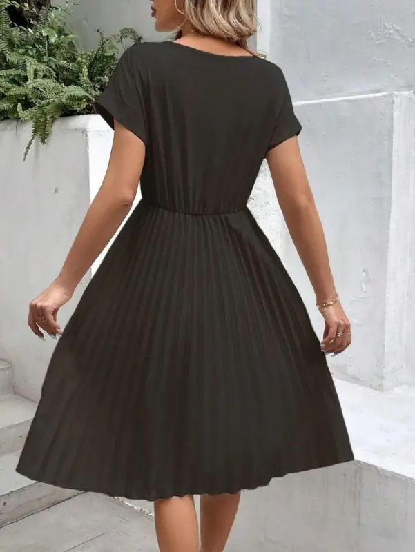 Women's Short Sleeve Open Neck Elastic Waist Pleated Short Imported Crepe Dress - 4