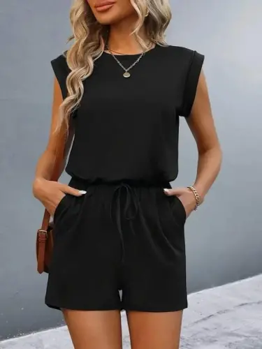 Women's Short Sleeve Padded Shoulder Tied Waist Short Viscose Jumpsuit - BÜYÜKBEDENIZ (1)