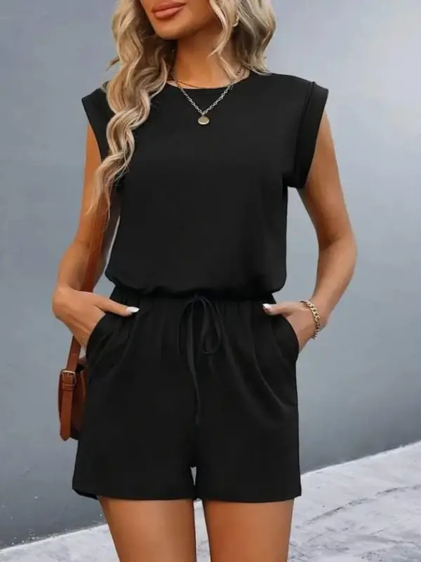 Women's Short Sleeve Padded Shoulder Tied Waist Short Viscose Jumpsuit - 2