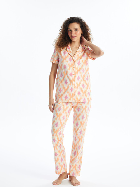 Women's Short Sleeve Pajama Set with Shirt Collar Pattern - 10