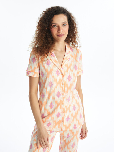 Women's Short Sleeve Pajama Set with Shirt Collar Pattern - 11