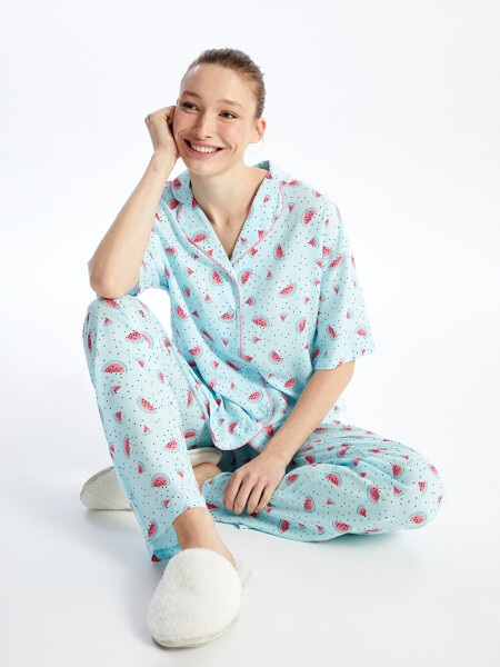 Women's Short Sleeve Pajama Set with Shirt Collar Pattern - 11