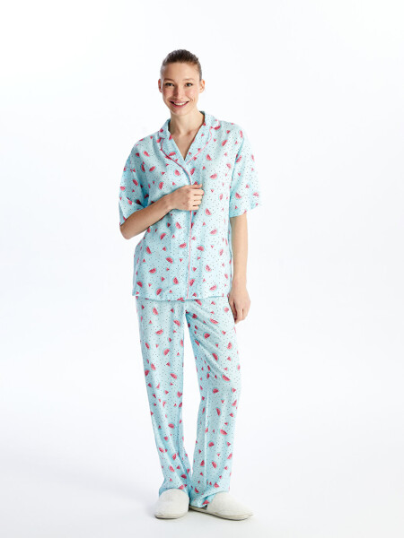 Women's Short Sleeve Pajama Set with Shirt Collar Pattern - 12