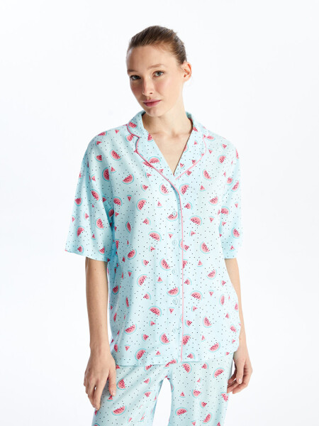 Women's Short Sleeve Pajama Set with Shirt Collar Pattern - 13