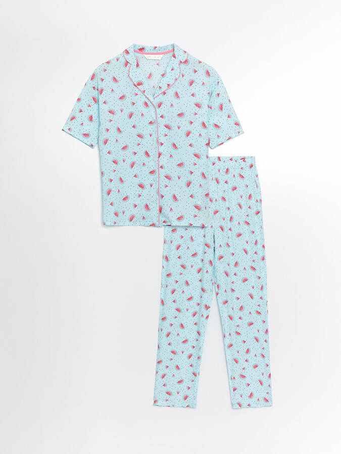 Women's Short Sleeve Pajama Set with Shirt Collar Pattern - 16