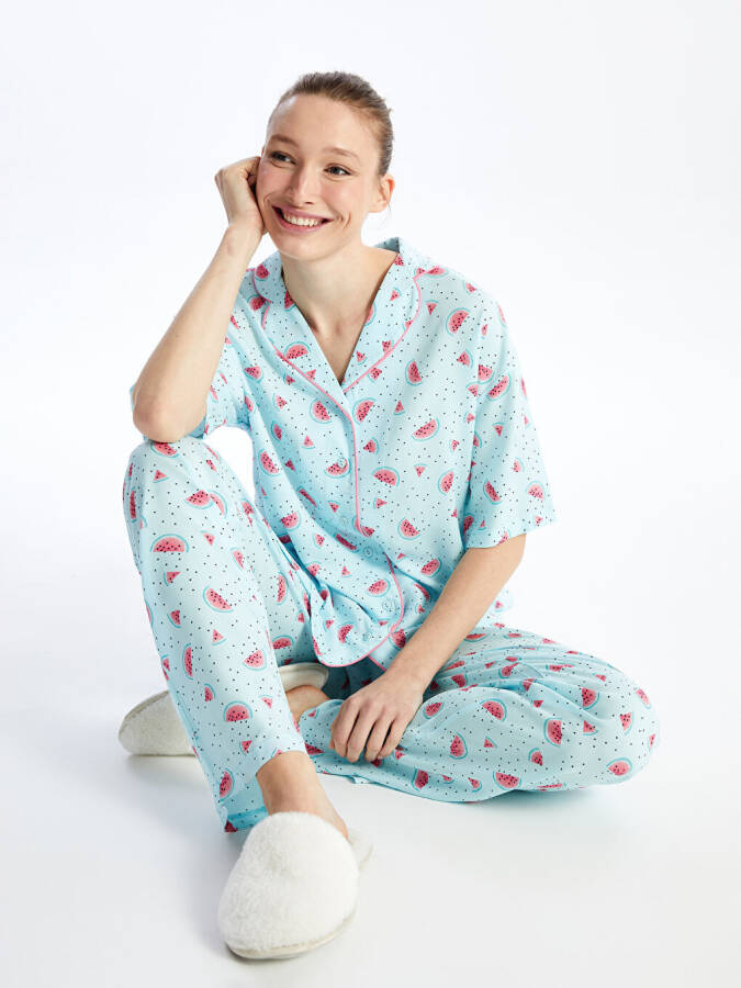 Women's Short Sleeve Pajama Set with Shirt Collar Pattern - 1