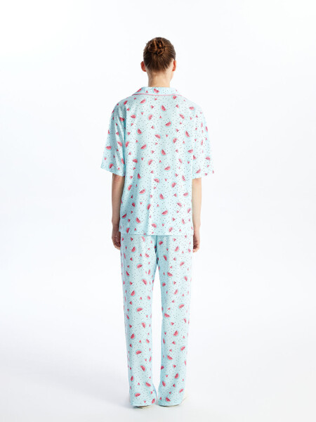 Women's Short Sleeve Pajama Set with Shirt Collar Pattern - 5