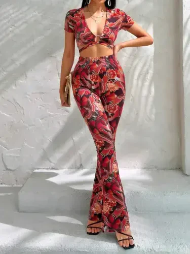 Women's Short Sleeve Patterned Set - 1