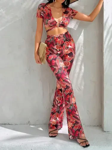 Women's Short Sleeve Patterned Set - 2