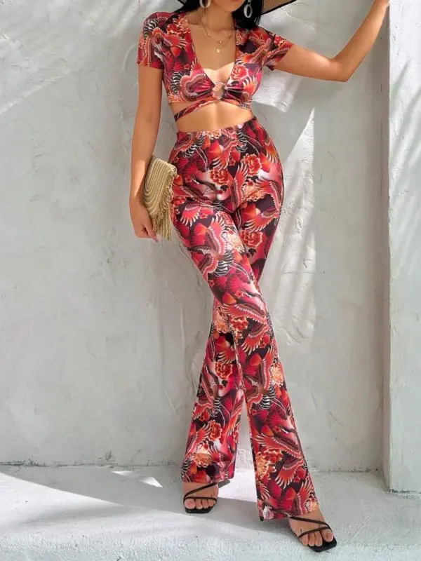 Women's Short Sleeve Patterned Set - 2