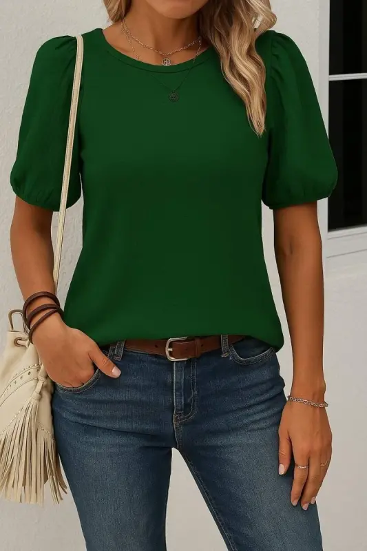 Women's Short Sleeve Pleated Balloon Sleeve Crinkle Blouse - 1