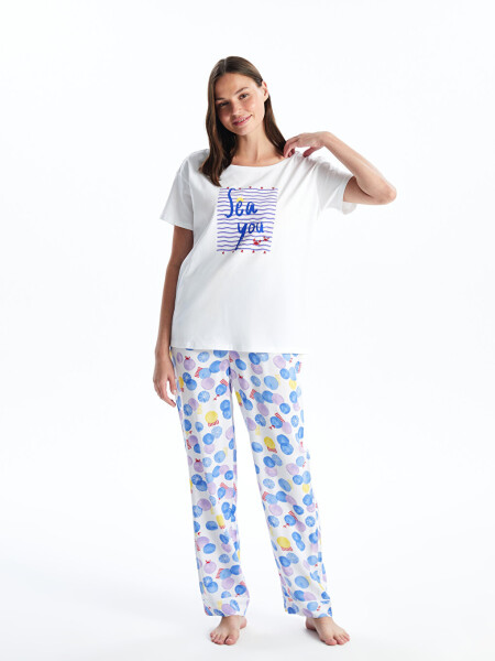 Women's Short Sleeve Printed Bike Neck Pajama Set - 11