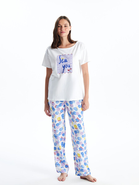 Women's Short Sleeve Printed Bike Neck Pajama Set - 3