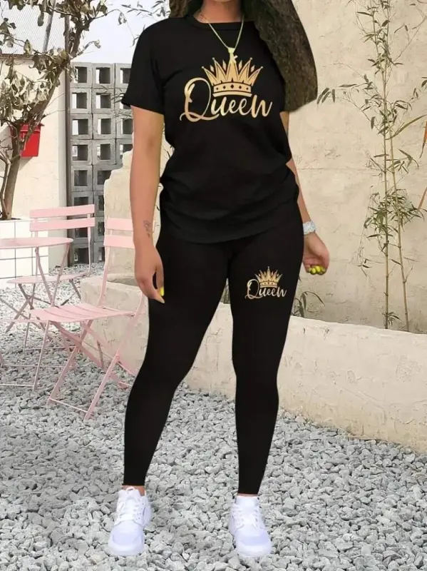 Women's Short Sleeve Queen Print Viscose Twin Set - BÜYÜKBEDENIZ